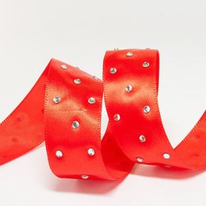 Атласна стрічка зі стразами 2,5 см червона