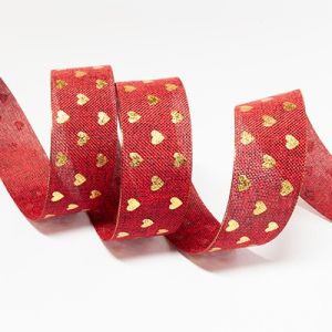 Лента имитация льна с золотыми сердечками 2,5 см бордовая