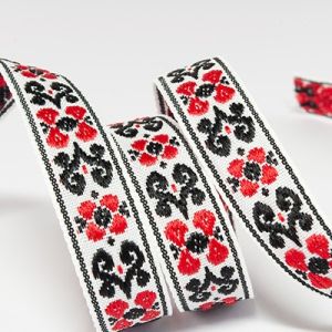 Жакардова стрічка 1,5 см №811 орнамент червоний з чорним