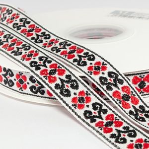 Жакардова стрічка 1,5 см №811 орнамент червоний з чорним