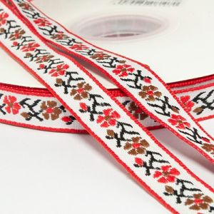 Жаккардовая лента 1,3 см №813 красный и коричневый цветочек