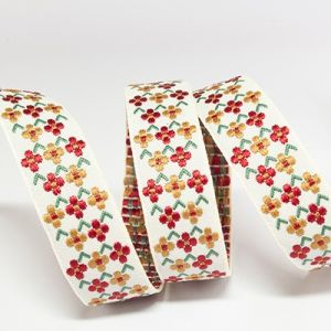 Жакардова стрічка 1,8 см №821 маленькі ромашки червоні і золоті