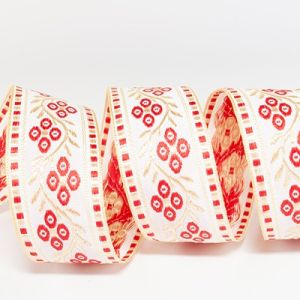 Жакардова стрічка 3,0 см №834 золота гілочка, червоні квіти
