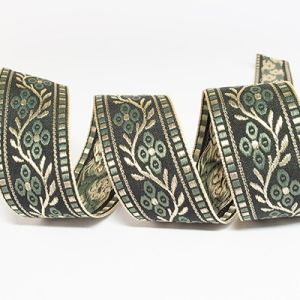 Жакардова стрічка 3,0 см №835 золота гілочка, темно-оливкові квіти