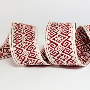 Жаккардовая лента 4,0 см №842 геометрический рисунок красный на молочном