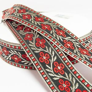 Жакардова стрічка 3,0 см №859 червона квітка, золоті листочки